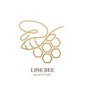 Vector logo icon or emblem with golden honeybee and honeycombs. Abstract design template. Outline bee illustration.