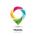 Vector logo icon with pin map. Multicolor waypoint marker. Concept for vacation, travel, tour search, tourism business.