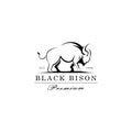 Vector logo illustration Black Bison, ox, cow pose silhouette on white background