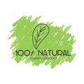 Vector logo with the inscription: 100% natural organic product with a decorative element on a green eco background Royalty Free Stock Photo