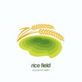 Vector logo, label, emblem with green rice terrace field. Farm landscape and yellow rice grains, isolated illustration.