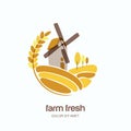 Vector logo, label, emblem with wheat, barley, or rye ears and windmill in field.