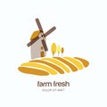 Vector logo, label, emblem with windmill in yellow wheat field. Agriculture, organic cereal products, bread and bakery. Royalty Free Stock Photo