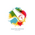 Vector logo, label, icon or emblem design element. Paint roller on watercolor paints splash background.