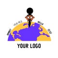 Vector logo for the language school. Flat vector funny wise old man and planet Earth with different languages.