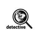 Vector logo with magnifier, fingerprint and inscription. Investigation by fingerprint magnifier, crime. Loupe is a Royalty Free Stock Photo