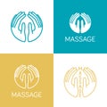 Vector logo massage. Gentle hands inscribed in a circle. Several versions of the logo. Hand draw illustration of hand