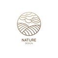 Vector logo of nature in linear style. Outline icon of landscape with sun, fields, clouds - business emblems, badge for