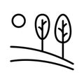 Vector logo of nature in linear style. Outline icon of simple landscape with trees, sun, fields - business emblems, badge for a