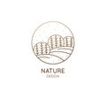 Vector logo of nature in linear style. Outline icon of winter landscape with trees,sun,fields,snow - business emblems