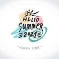 Vector logo Summer. Hello Summer 2021. Handwritten logo on an abstract colored background.