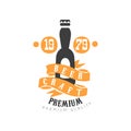 Vector logo template with bottle of craft beer. Brewed product. Original emblem in black and orange colors. Stamp for Royalty Free Stock Photo