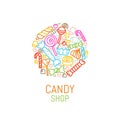 Vector logo template of candy shop with sweets in linear style Royalty Free Stock Photo