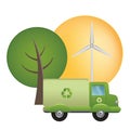 Green truck of recycling on ecological landscape