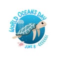 Vector of logo for world ocean day with turtle swim in the sea with jellyfish and crab in circle. world ocean day on June 8