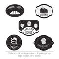 Vector logos with hand drawn elements isolated on white. Set of vintage bakery and pastry- shop logo badges and labels. Royalty Free Stock Photo