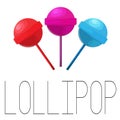 Vector lollipop illustration. Set of three candies red, pink, blue. Caramel tasty decoration. Sweet kids print. Tasty