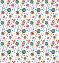 Vector lollipops seamless pattern. Cartoon doodle sweet candy ba