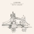 Vector London, England, United Kingdom Touristic Postcard. Famous Tower Bridge On The River Themes. British Travel Sketch Drawing