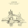 Vector London, England, United Kingdom touristic postcard. Famous Tower bridge on the river Themes. British travel sketch drawing Royalty Free Stock Photo