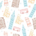 Vector London Streets Colorful Seamless Pattern With Big Ben Tower, Double Decker Bus, Houses and Stars. Royalty Free Stock Photo