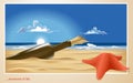 Vector lonely beach with a bottle & starfish Royalty Free Stock Photo