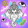 Vector Lord Ganesha over colorful vintage background. Beautifully detailed retro artwork. 80s and 90s style. Psychedelic.