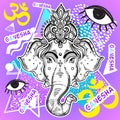 Vector Lord Ganesha over colorful vintage background. Beautifully detailed retro artwork. 80s and 90s style. Psychedelic.