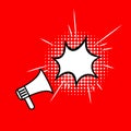 Vector Loudspeaker Icon with Speech Bubble on Bright Red Background, Blank Frame, Talking Cloud Comic Style. Royalty Free Stock Photo