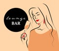 Vector lounge bar concept with hand drawn portrait of young beautiful lady hold wine glass on light background. Royalty Free Stock Photo