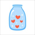 Vector Love bottle with hearts inside isolated on white background. Red hearts and blue jar with magic stars. Clip art Royalty Free Stock Photo