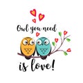 Vector love couple owls with hearts on a tree branch. An insulated design white background for Valentine s day Royalty Free Stock Photo