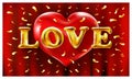 Vector. love gold ballons text - red background - red heart in the air golden confetti Royalty Free Stock Photo