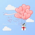 Vector of love and Happy Valentine`s day. hot air balloon flying with love couple inside basket and heart float on cloudy sky. Royalty Free Stock Photo