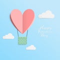 Vector of love and Happy Valentine`s day. origami design elements cut paper made hot air balloon in heart shape flying