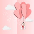 Vector of love and Happy Valentines day. origami design elements cut paper made hot air balloon flying with love couple inside