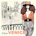 Vector lovely fashion girl on a Venice background Royalty Free Stock Photo