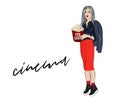 Vector lovely girl with pop corn. Fashion magazine print with woman in red skirt, leather jacket and boots holding popcorn bax. Go
