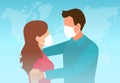 Vector of a loving couple wearing face masks, hugging and looking at each other