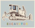 Vector low poly digger in retro style color. Vintage excavator.