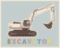 Vector low poly digger in retro style color. Vintage excavator.