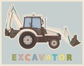 Vector low poly digger in retro style color. Vintage excavator.