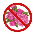 Vector lush bush with peonies in the forbidden sign. Allergy danger. Icon prohibition