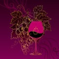 Vector luxury card with bunch of grape, grape leaves, wineglass and dotted curls on the vinous background. Royalty Free Stock Photo