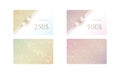 Set of luxury gift card templates in light soft pastel colors with golden spots, realistic glittering bow and a ribbon