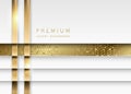 Vector luxury tech background. Stack of white paper material layer with gold stripe and golden geometric pattern. Premium wedding