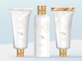 Vector Luxury Toiletries or Beauty Packaging, Bottle & Tube with Gold Aluminum Screw Cap & Metal Seal Off Clip.