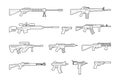 Vector machine guns and pistols line icons set