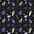 Vector mad pattern on the theme of magic, mysticism, witchcraft, halloween, esoteric. flat style pattern with magic items