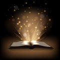 Vector magic book with magic lights on dark brown background. Royalty Free Stock Photo